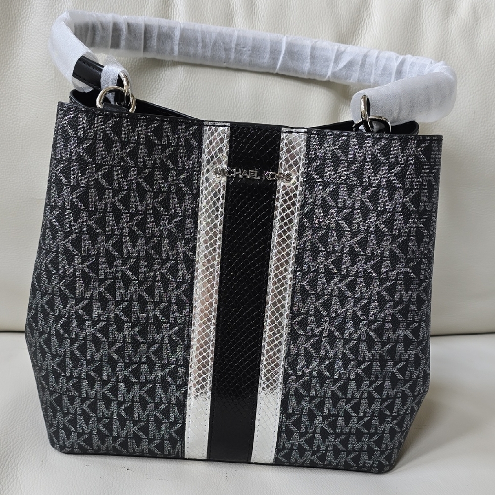 Michael Kors Black and Silver Shoulder Bag with Monogram Design